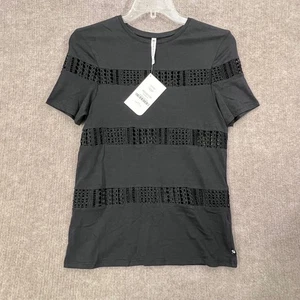NWT Fabletics Zarina Tee XS Black Short Sleeve Lace Contrast Relaxed Fit Top - Picture 1 of 10