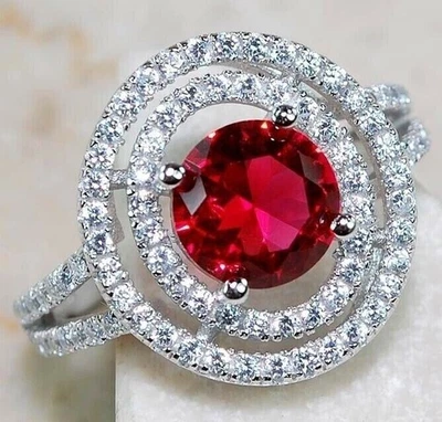 3CT Treated Ruby & White Topaz 925 Solid Sterling Silver Ring Sz 8 &2-6 - Image 1 of 3