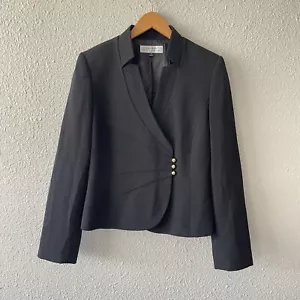 Tahari ASL Sz 8 Black Gold Round Buttons Modern Asymmetrical Crop Short Blazer - Picture 1 of 8