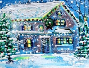 ACEO Original Winterhaus Kiefern GEMÄLDE Schnee Weihnachten Urlaubslandschaft KUNST - Bild 1 von 1