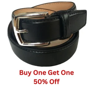 Men's Genuine Leather Black Dress Belt Plain Casual Silver Buckle Trapezoid End - Picture 1 of 4