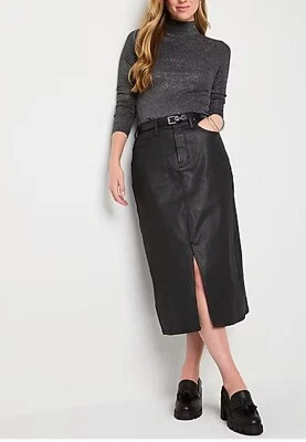 NUEVO CON ETIQUETAS a.n.a Falda lápiz midi de tiro alto de mezclilla recubierta negra para mujer tallas 8, 12 Foto 1 de 4