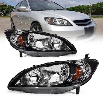 For 2004-2005 Honda Civic 2/4 Door Headlights Front Black Housing Headlamps Pair - Image 1 of 4
