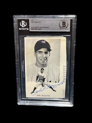 PHIL RIZZUTO NEW YORK YANKEES SIGNED VINTAGE CUT AUTOGRAPH 3X4 BECKETT BAS COA - Image 1 of 2