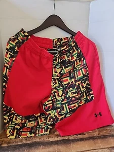 Mens Under Armour Boardshorts Swimsuit Red ,Jamaica Print,Beach ,Vacation,Large - Picture 1 of 5