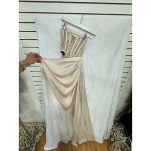 Miss Circle Blumenmuster trägerloses Korsett Ausschnitt Hochschlitz Satinkleid beige Damen XS - Bild 1 von 5