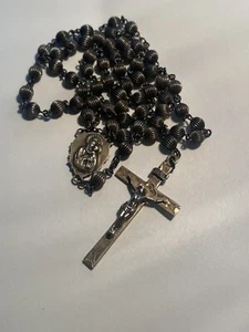 Vintage ~ Sterling silver 925 ~ Rosary ~ 23.3g ~ RIBBED BEADS ~ Mother Child 18” - Picture 1 of 10