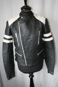 Vtg 70's black & white detail leather biker jacket red lining M 40" cafe racer - Picture 1 of 12