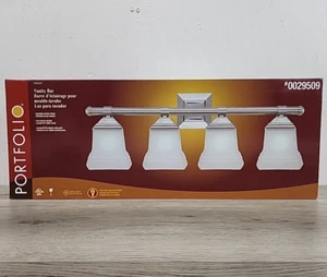 Portfolio 4-Light Brushed Nickel Vanity Light w/ Frosted Glass Shades - NEW - Picture 1 of 11