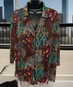 R.Q.T. Ladies 2X Blouse Multi Color Geometric Sheer Scalloped Hems Classic - Picture 1 of 7