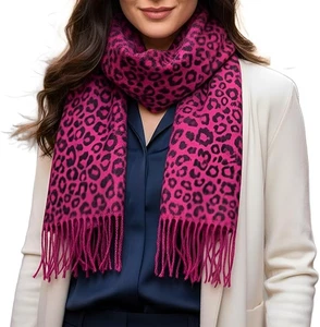Cashmere Feel Winter Scarf, Christmas Gift, Soft Fringed Warm - Leopard Pink - Picture 1 of 4