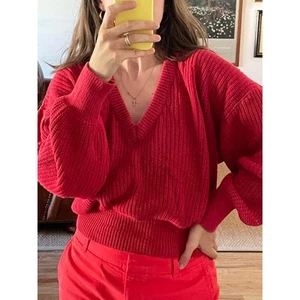 Vintage V Neck Red Cotton Sweater Size Small - Picture 1 of 6