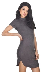 AX Paris UK 10 Dark Grey Faux Suede Bodycon Mini Dress High Neck - Picture 1 of 11