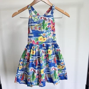 Polo Ralph Lauren Girls Riviera Poplin Logo Dress Boat Print Blue Yellow Size 6 - Picture 1 of 8