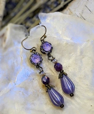 Victorian Purple Flower Crystals & Glass In Long Tiered Ornate Brass Earrings - Image 1 of 4