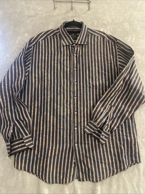 Bugatchi Uomo Shirt Multi-Color Striped Over Abstract Floral Men XXL Semi-Sheer - Image 1 of 4