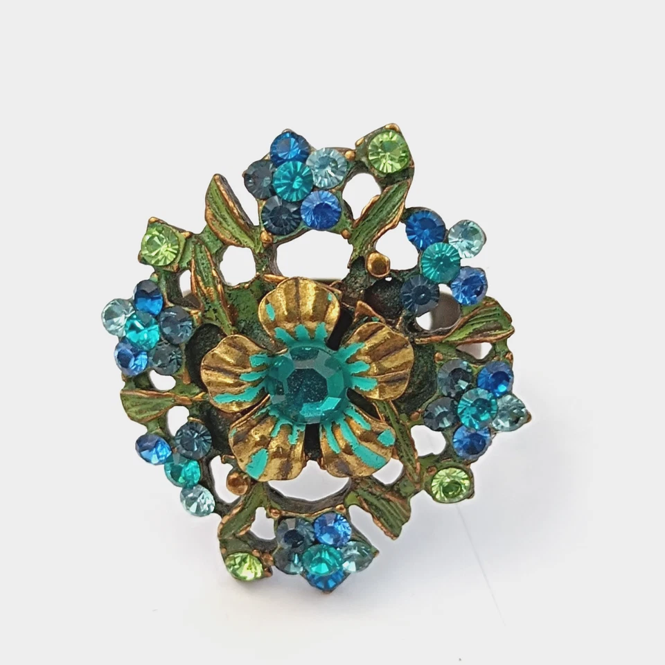 Anel Michal Negrin azul floral cristais esmalte romântico boho declaração ousada vintage - Imagem 1 de 4
