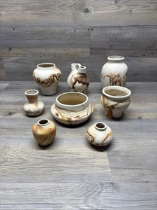 Lot of 8 Nemadji Clay Pottery Vase Orange Brown Tan Swirl Handmade Vintage - Picture 1 of 17