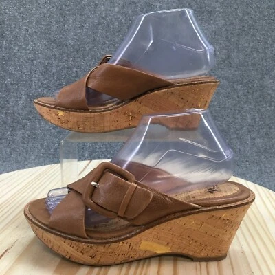 Sofft Sandals Womens 8 W Wide Cork Wedge Heels Cross Strap Slide Brown Leather - Image 1 of 4