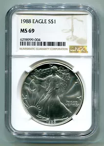 1988 AMERICAN SILVER EAGLE NGC MS69 BROWN LABEL PREMIUM QUALITY NICE COIN PQ - Picture 1 of 2