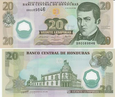 10 notes Honduras P95, 20 Lempira, José  Cecilio del Valle / palace UNC POLYMER! - Image 1 of 3
