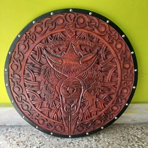 Medieval Wooden Viking Wolf Dragon Hand Carved Wooden Shield Cosplay & Wall Deco - Picture 1 of 10