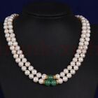 Double Strands AAAA Round Akoya White Graeen Jade Pearl Necklace 18“ 14k Gold P