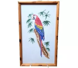 Vintage Parrot Cross Stitch 13x7.75 Faux Bamboo Frame - Picture 1 of 8