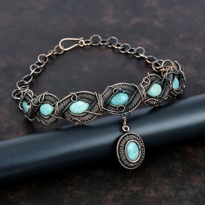 Colar ajustável corrente envolto em fio Amazonita feito à mão cobre étnico 18,0" - Imagem 1 de 4