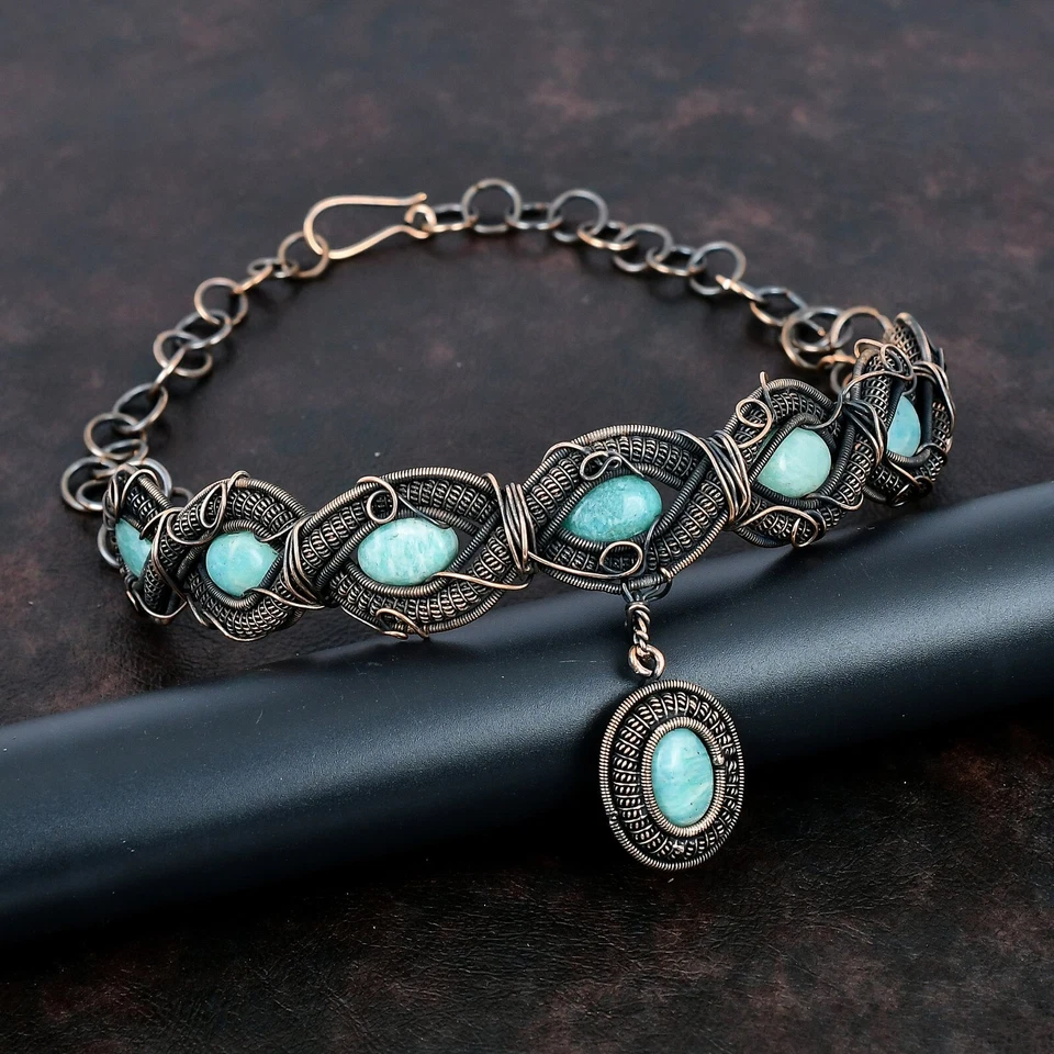 Collar Ajustable Cadena Envuelta Alambre Amazonita Hecho a Mano Cobre Étnico 18.0" Foto 1 de 4