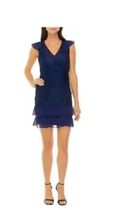Sam Edelmam Women's Sexy Dress Size 4 Flutter Sleeve Solid Lace Ruffle Navy Blue - Picture 1 of 1
