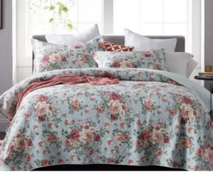 new 3pcs coverlet bedspread cotton reversible floral emerald green blue rose - Picture 1 of 8