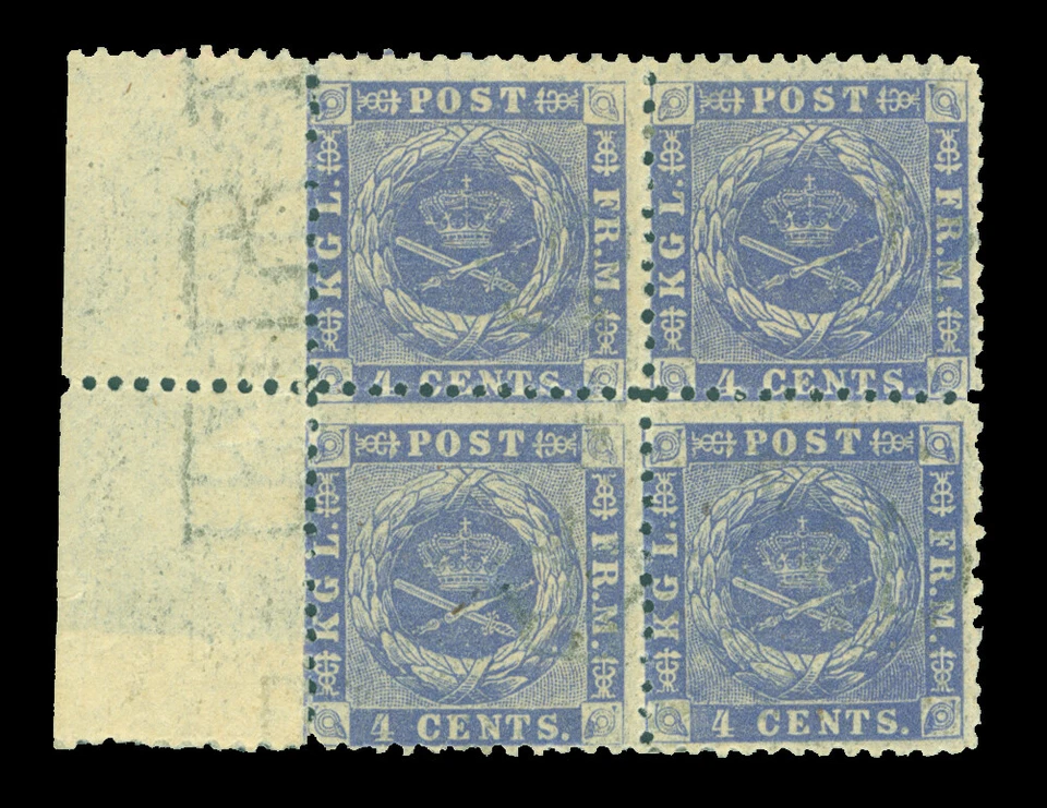 DANISH WEST INDIES 1873  Coat of Arms  4c dull blue  Scott # 4 mint MLH block 4 - Image 1 of 2