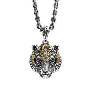 Halskette Tiger Kopf Wildkatze Anhänger Tigerkopf Edelstahl Silber gold 60 cm - Bild 1 von 10