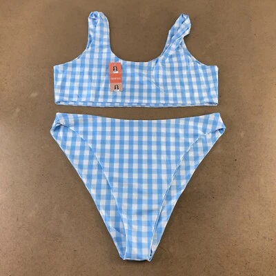 Boohoo женщин 22 синий белый имбирь чек 2 изделия декольте бикини плавать комплект новый с Ярлыками - Изображение 1 из 4