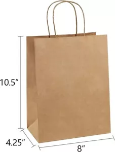 NEW 100 pcs  8 Inch kraft Paper Gift Bags  with Handles Holiday Wedding Birthday - Picture 1 of 62
