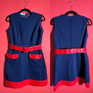 Vintage Neiman Marcus dunkelblaues Minikleid roter Lederbesatz Mod 60er Größe 6 - Bild 1 von 13