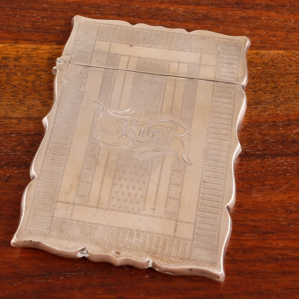 AMERICAN AESTHETIC COIN SILVER CARD CASE GEOMETRIC ENGINE TURNED MONOGRAM KATE - Image 1 of 4