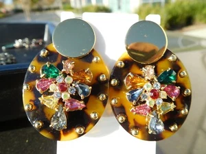 J Crew Tortoise Shell Earrings Gold Tone with Crystals Post - Picture 1 of 2