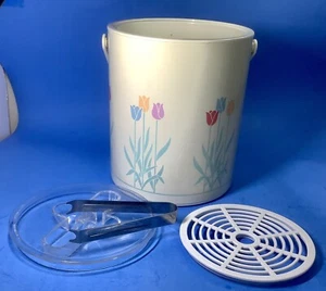 Vintage 1980s Phoenix Ice Bucket Off White w/Flowers Daisies Lid & Tongs - Picture 1 of 7