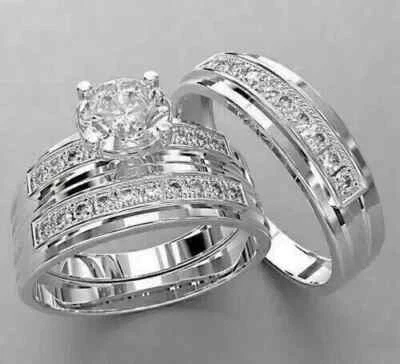 2CTRound LabCreated Diamond His/Her Trio Wedding Ring Set 14K White Gold Plated - Image 1 of 3