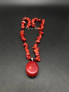 Red Coral statement necklace /Silver Pendant Necklace 19” - Picture 1 of 8