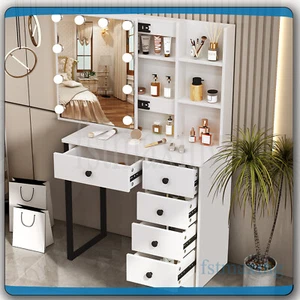 Dressing Table With Sliding Mirror &LED Bulbs 6 Shelves Vanity Table Makeup Desk - Picture 1 of 7