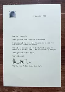 Michael Hestletine Conservative Politician Thatcher Hand Signed Letter AFTAL COA - Picture 1 of 1
