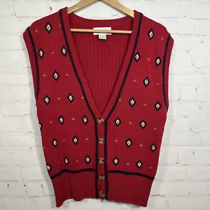 Vintage Allison Smith Cardigan Sweater Vest Womens Medium Red Geometric Buttons - Picture 1 of 12