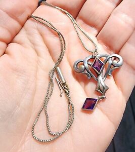Antique Victorian Edwardian Amethyst Glass Paste Heart Knot Foxtail Necklace