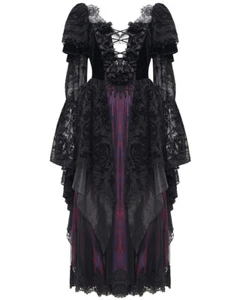 Eva Lady Womens Long Dark Gothic Velvet Lace Up Ball Gown Maxi Dress Red Black - Picture 1 of 13