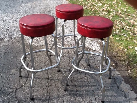 3 Same Vintage Retro Chrome 30" Bar Stools - 14" 360 Turn Seats - Very Good Cover