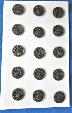 Lot of 15 Vintage Steel Matching Buttons - Flowers & Leaves - 14mm Cover