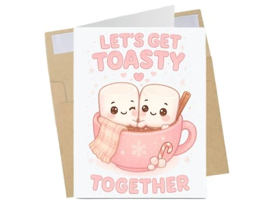 Cute Christmas Card "Hot Cocoa Love" Kawaii Marshmallow Couple, Romantic Winter - Image 1 of 4